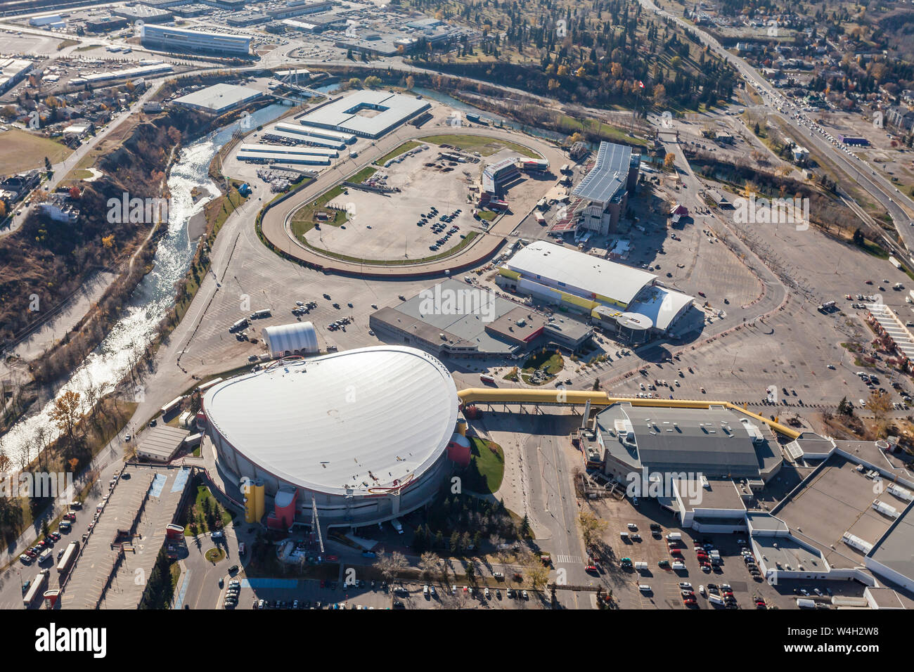 Aerial view of the Saddledome and Calgary Stampede Grounds. Stock Photo