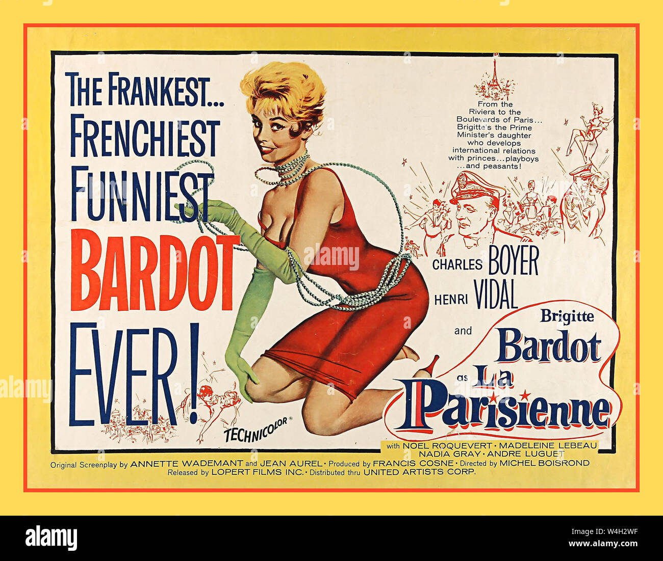 BARDOT LA PARISIENNE 1950’s USA vintage movie cinema film poster for the French comedy 'La Parisienne', released in America in 1958. The poster presents a coquettish image of the star Brigitte Bardot, also with Charles Boyer Henri Vidal Directed by Michel Boisrond Stock Photo