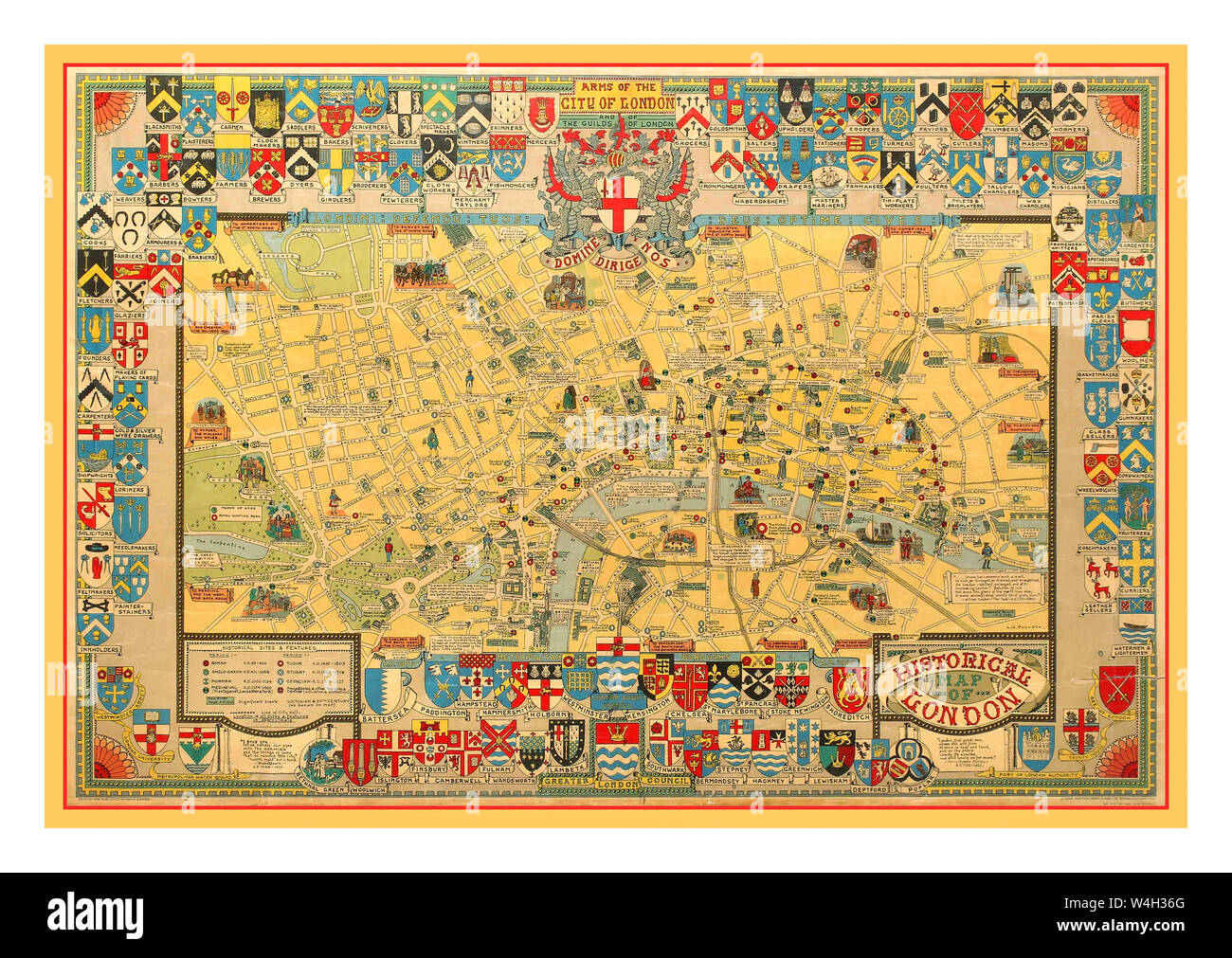 Vintage 1960's map poster of the capital of England -Historical Map of London - by notable cartographer and pictorial map artist Leslie George Bullock (1895-1971) featuring heraldic colourful and detailed illustrations including landmarks, parks, railway lines, historical buildings, people and workers in different period dress. Printed by John Bartholomew and Son. Horizontal. County: UK, year of printing:1969, designer: LG Bullock, Stock Photo