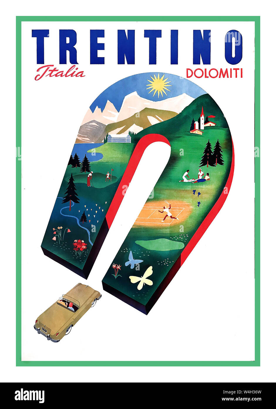 Vintage 1950's Travel Poster Dolomites Italy TRENTINO lithographic poster, 1951. Graphic composition by Puppo, with a Dolomites landscape scene inserted in a magnet horseshoe shape design Mario Puppo (1913-1989) Stock Photo