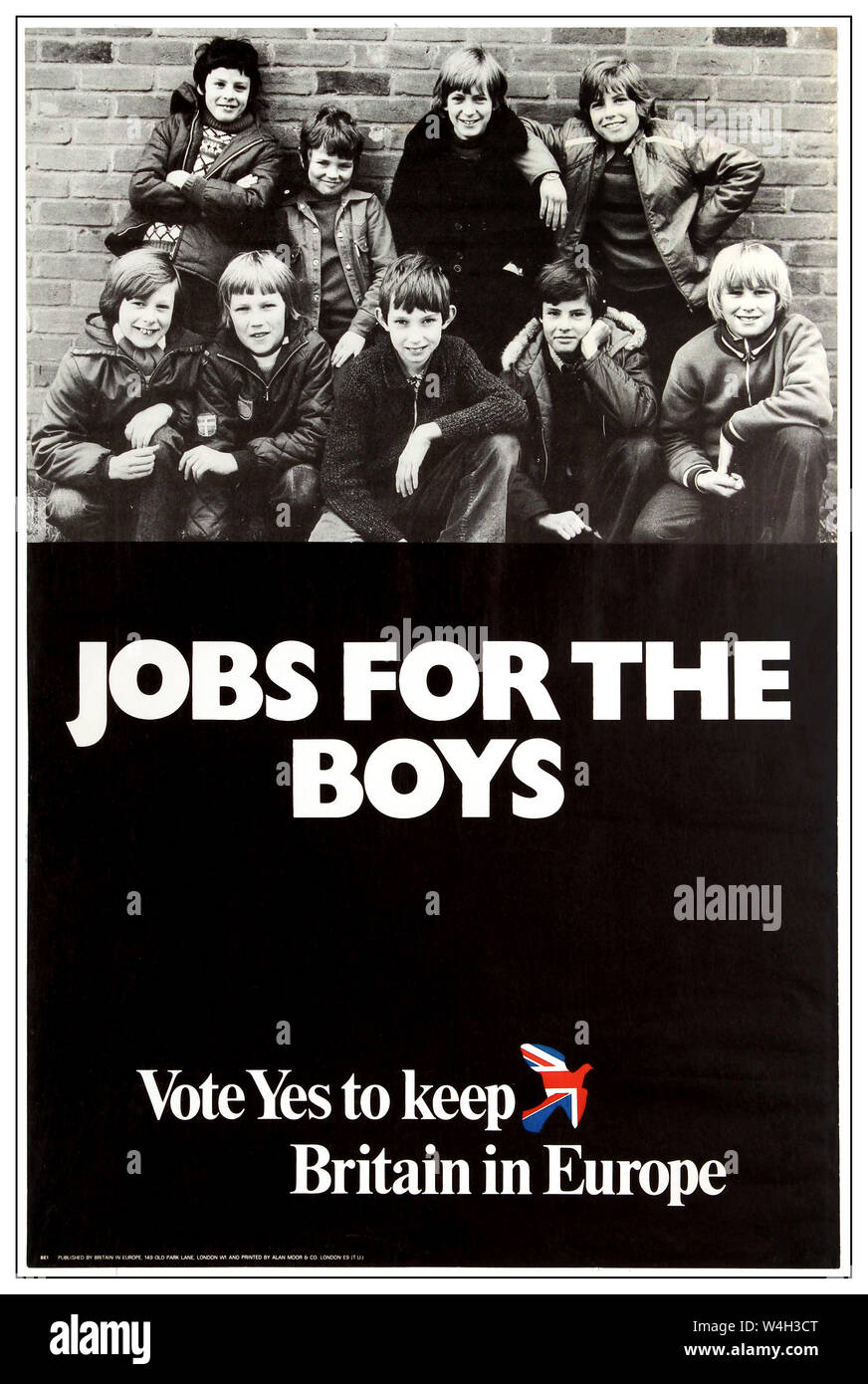 1975 UK  Vintage election propaganda poster for the 1975 European Union Membership Referendum held in the United Kingdom 'Jobs for the Boys' - 'Vote YES to keep Britain in Europe'. This European Communities Membership Referendum (aka the Referendum on the European Community or Common Market / Common Market Referendum / EEC Membership Referendum) held 5 June 1975 under provisions of  Referendum Act 1975 by the Labour government led by Prime Minister Harold Wilson (1916-1995; PM 1974-1976) to gauge support from the people for the country's continued membership of the European Community Stock Photo