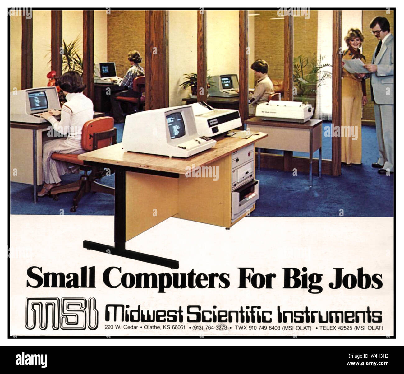 Vintage 1970’s computer office situation with American Midwest Scientific Instruments desk computers advertisement in Kilobaud Microcomputing magazine 1979 June USA The June 1979 issue of Kilobaud Microcomputing featured a notable advertisement for the MSI 6800, a microcomputer developed by Midwest Scientific Instruments, Inc. (MSI). This ad showcased the MSI 6800 as a compact yet powerful system, emphasizing its suitability for scientific, educational, and business applications Stock Photo