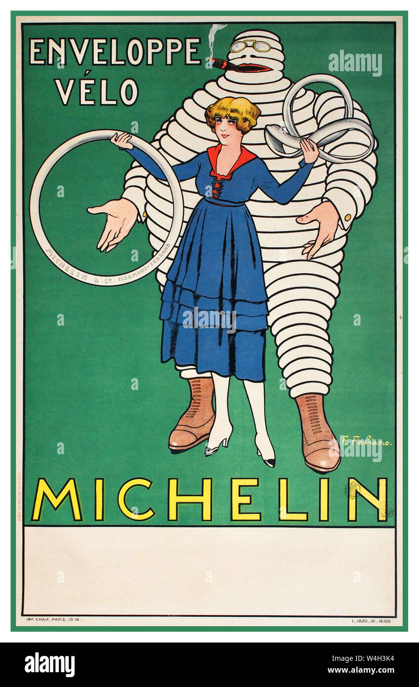 Vintage 1900's Michelin Poster 'ENVELOPPE VELO'. Fabien Fabiano 1917. Vintage Advertising poster Vintage 1900's poster features famous early advertising art of Mr. Bib promoting Michelin bicycle tires. Fabien Fabiano (Marie Jules Coup de Frejac), poster for Michelin tires, 1916-1917. France. Stock Photo