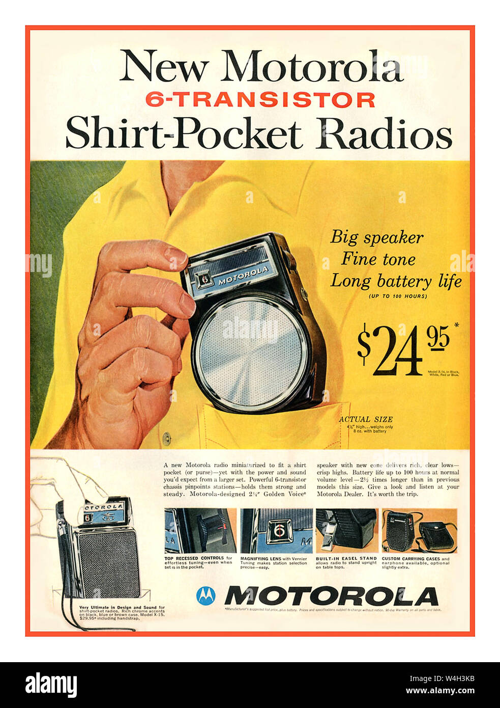 Vintage 1960's Motorola Advertisement for early transistor pocket radio. The first Motorola brand automobile radio was produced in 1930. Motorola began the commercial production of transistors at a new $1.5 million facility in Phoenix in 1955. This advertisement is from May 23, 1960 Stock Photo