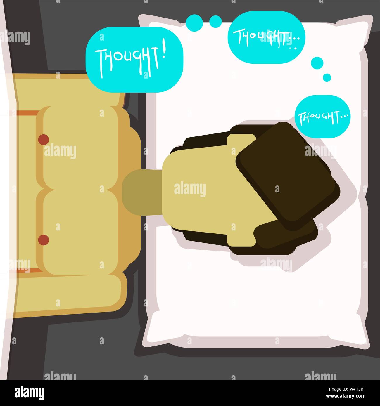 hispanic man lying in bed thinking or contemplation with thought bubbles rising from her head covered bya a blanket laying on a bid with a plillow Stock Vector