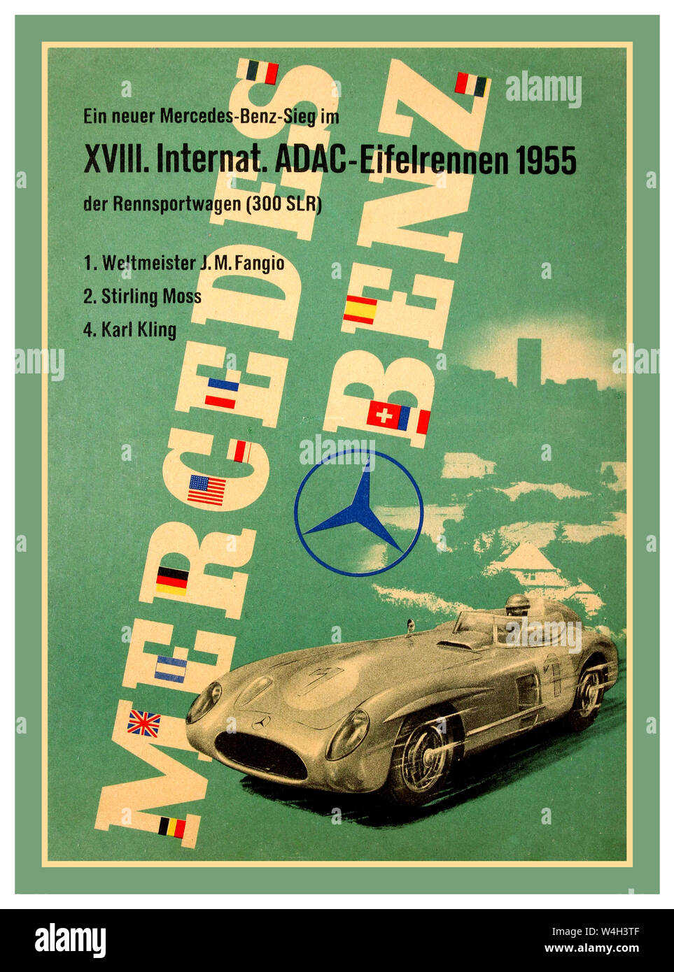 Original 1950's vintage motor sport advertising poster for the Mercedes Benz 300 SL victories at the XVIII International Grand Prix ADAC Eifelrennen 1955 featuring the iconic Mercedes-Benz 300 SLR sports car racing at speed and stylised lettering for Mercedes Benz. Flags in the letters running through the centre with the Mercedes-Benz logo in blue and text listing the event winners: 1. world champion J.M. Fangio (Juan Manuel Fangio Deramo; 1911-1995) 2. Stirling Moss (Sir Stirling Craufurd 4. Karl Kling Stock Photo