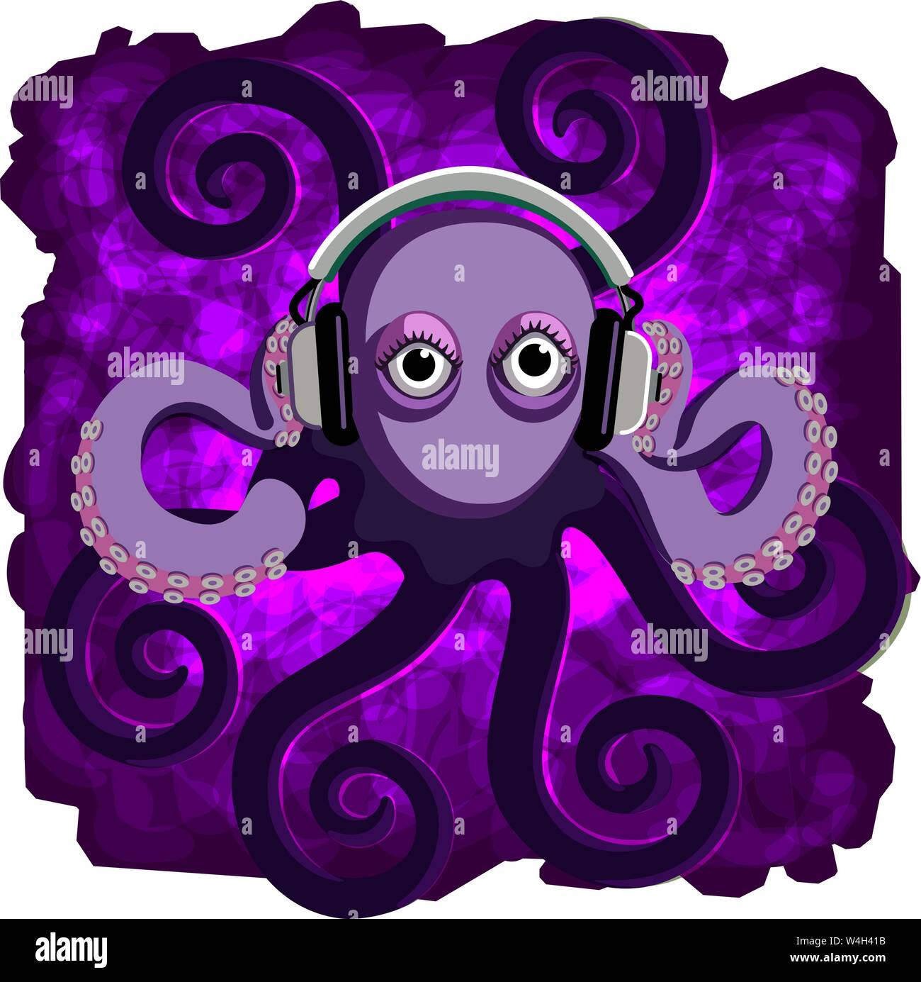 Cool 8 legged octopus wide eyed wearing a pair of sound dampening headlphones hold it's hands to the headphone speakers Stock Vector