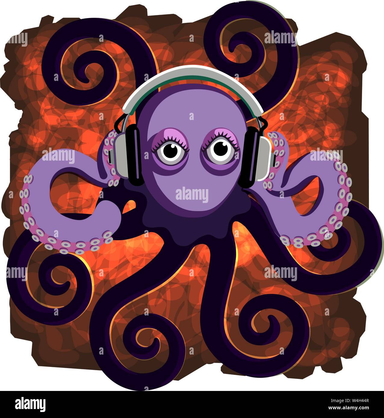 Cool 8 legged octopus wide eyed wearing a pair of sound dampening headlphones hold it's hands to the headphone speakers Stock Vector