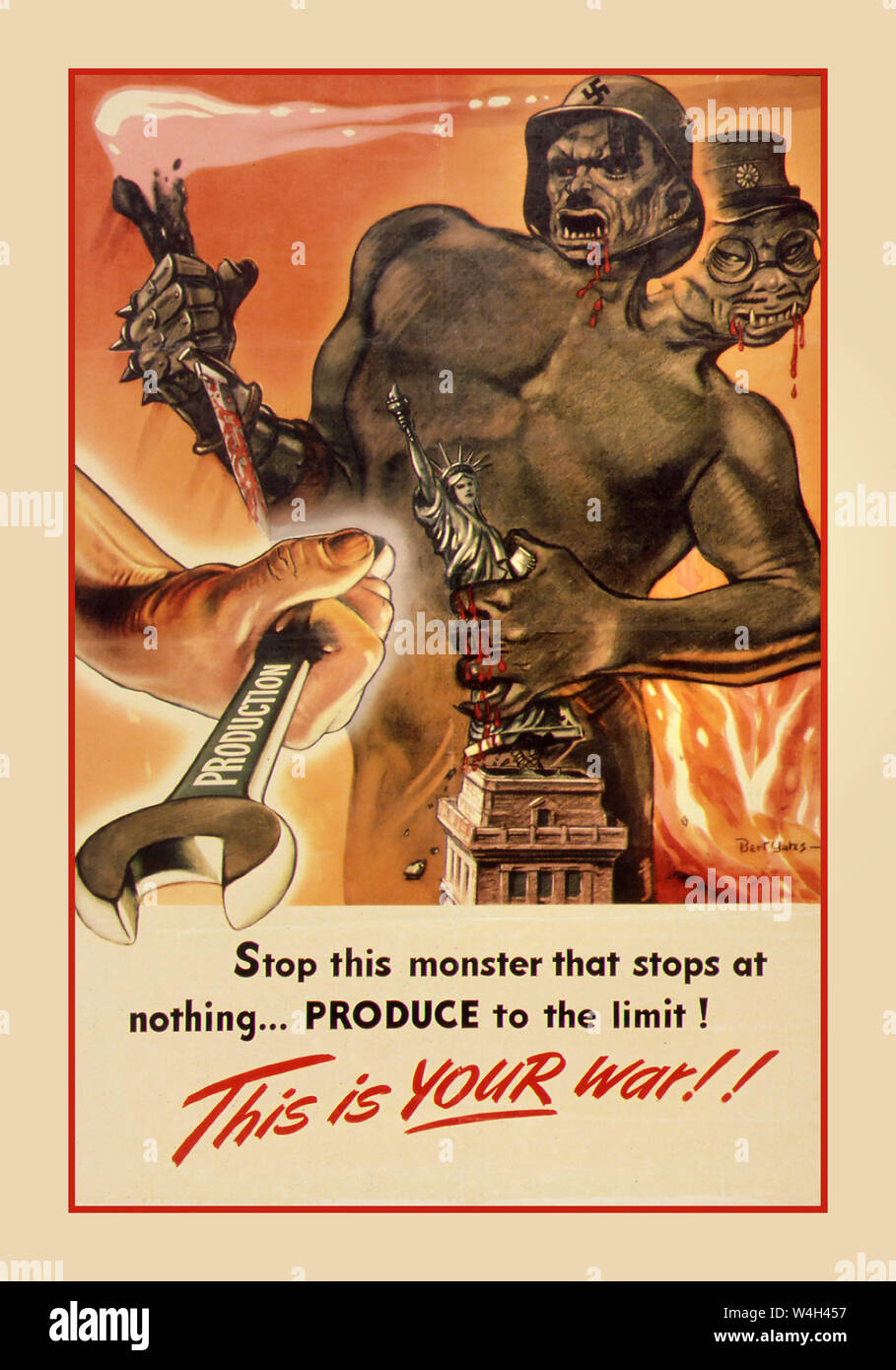 Vintage 1940's Propaganda Poster WW2 USA American America “STOP THIS MONSTER THAT STOPS AT NOTHING”. “PRODUCE TO THE LIMIT. THIS IS YOUR WAR”. Nazi Germany Hitler and Hirohito Japanese Leaders illustrated as bloodthirsty fiends... 1941-1945 World War II Second World War American WW2 industrial output propaganda Stock Photo