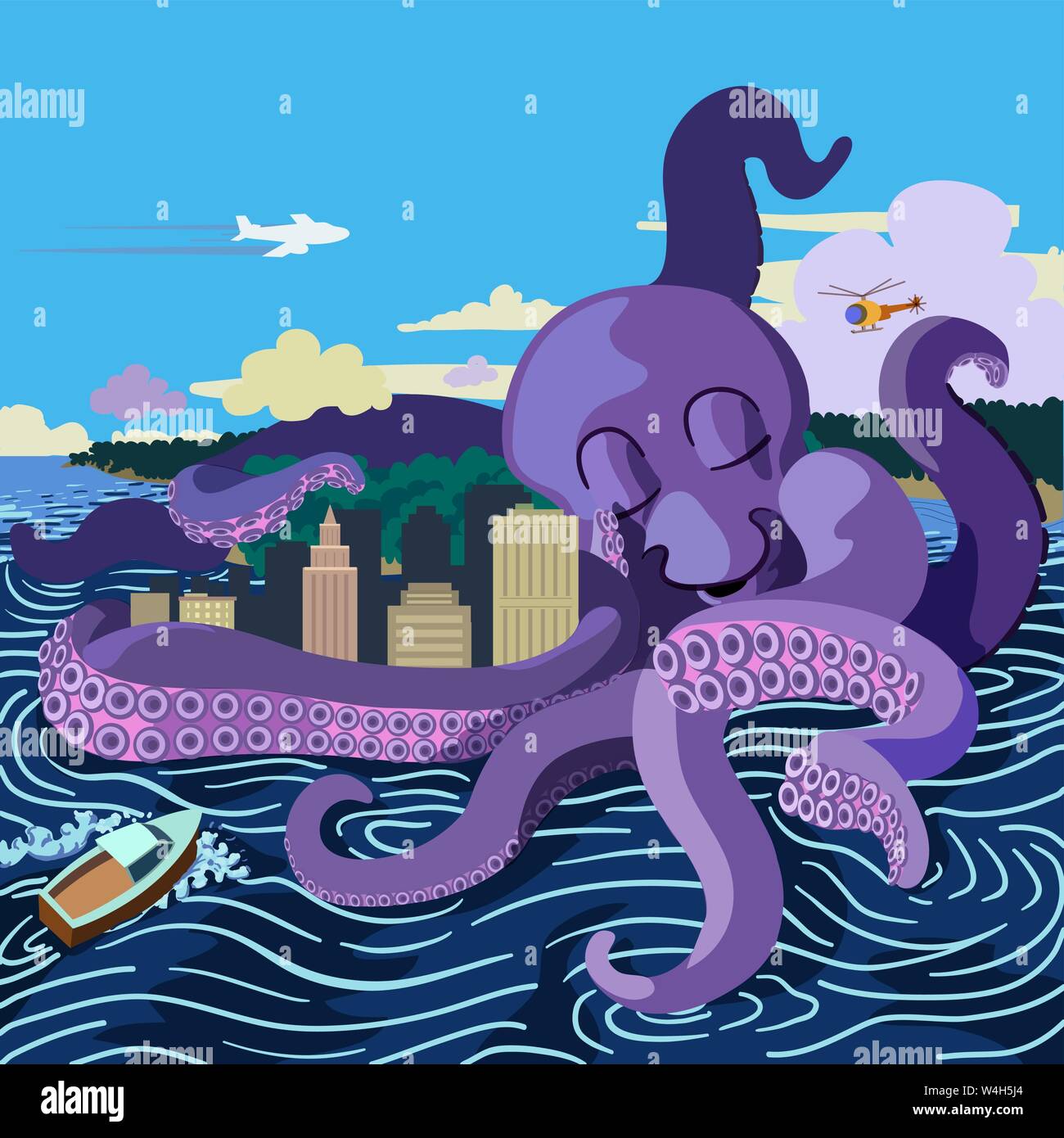 A giant octopus hugging a city creates turbulent waters as a jet airliners flies by, a helicopter looks on and a boat rashes against the waves. Stock Vector