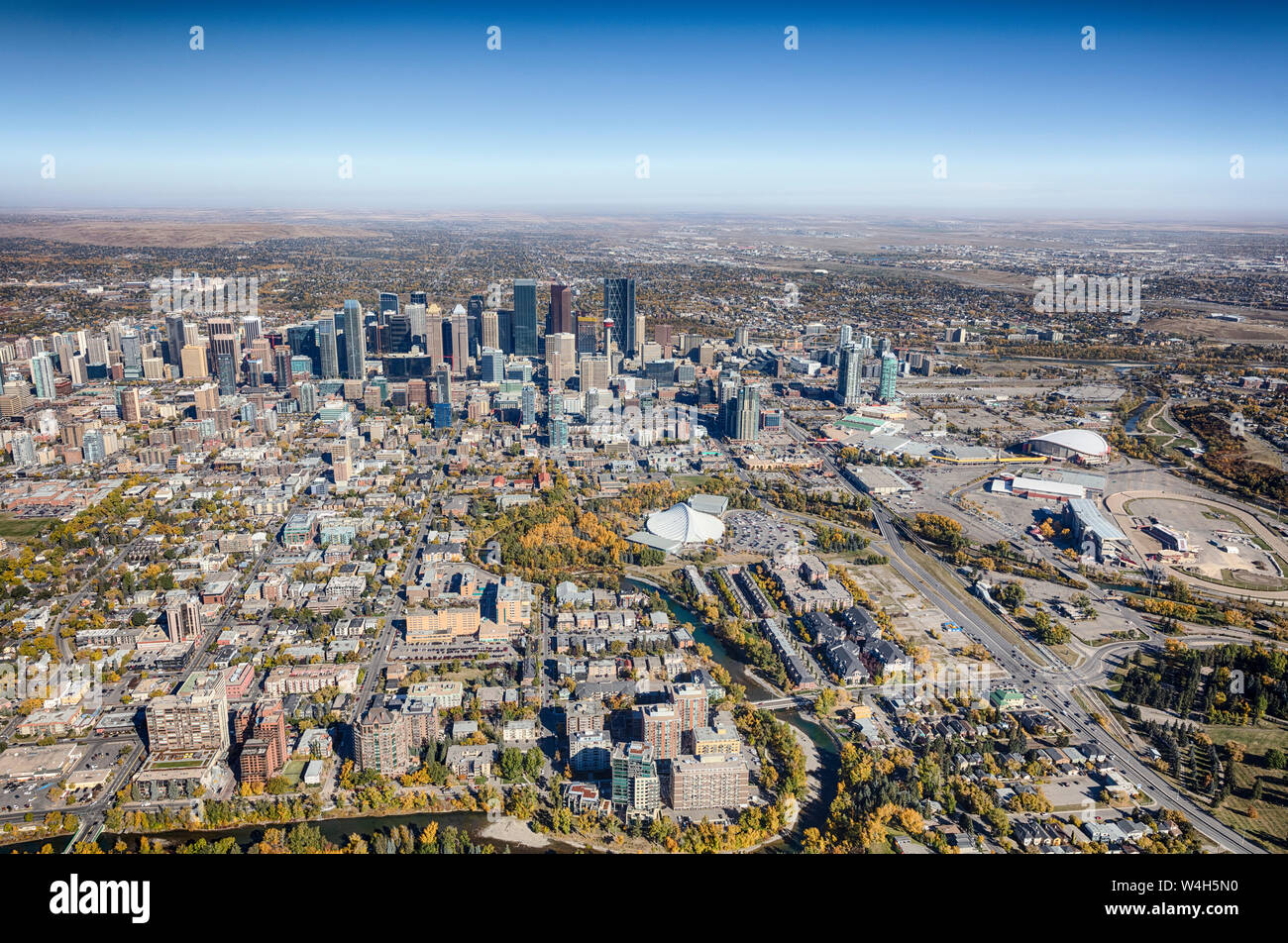 Aerial view of the city of Calgary, Alberta Canada featuring the Saddledome and Stampede grounds. Stock Photo