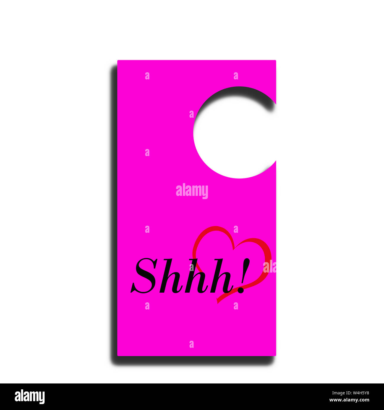 Pink Door Tag with text: Shhh!  red heart and drop shadow isolated on white background. Stock Photo