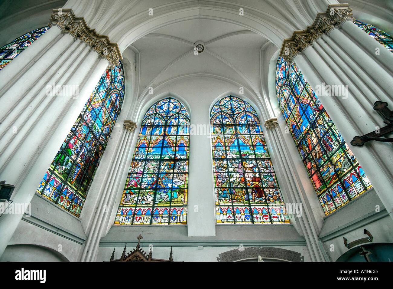 Stained-glass windows of the Church of Bouvines (northern France). 21 stained-glass windows depicting the main events of the battle of July 27, 1214 Stock Photo