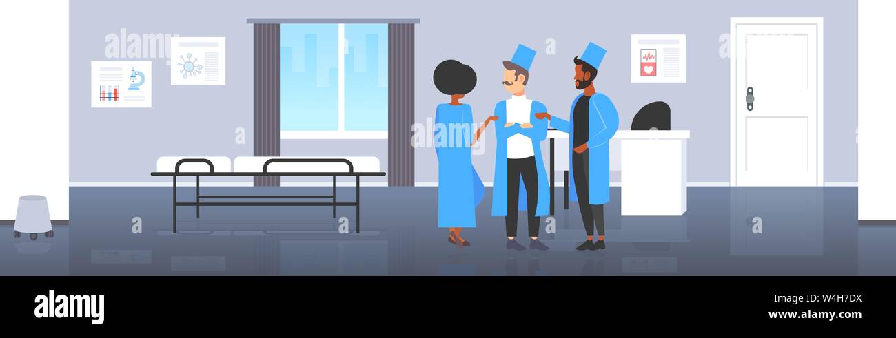 mix race doctors team discussing during meeting medical staff colleagues in uniform standing together teamwork medicine healthcare concept modern Stock Vector