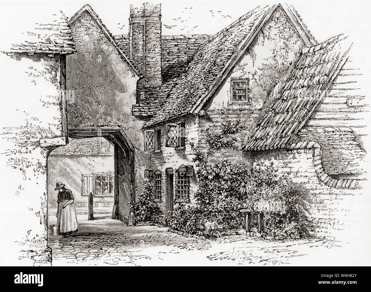 An old hostelry, Elstow, Bedford, England, seen here in the 19th century.  From English Pictures, published 1890. Stock Photo
