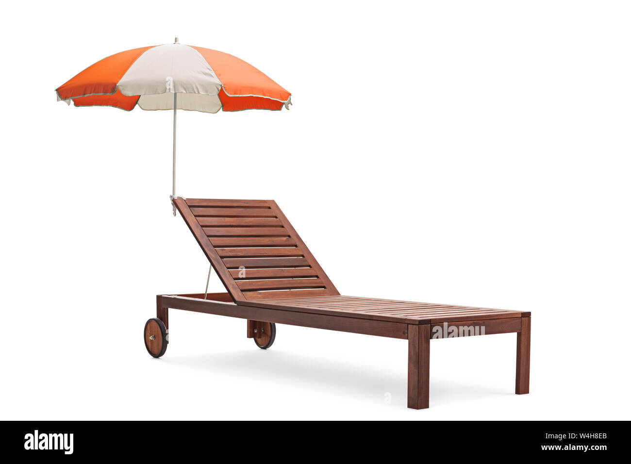 Brown sunbed with two wheels and umbrella isolated on white background
