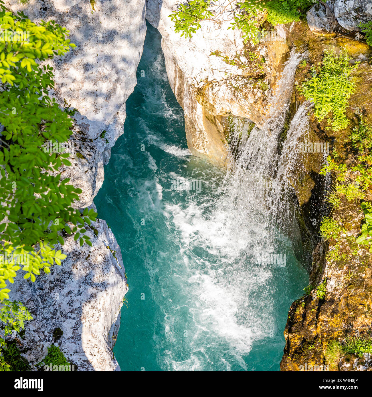 Waterfall to rriver Soca, Velika korita Soce, Triglavski national park ...