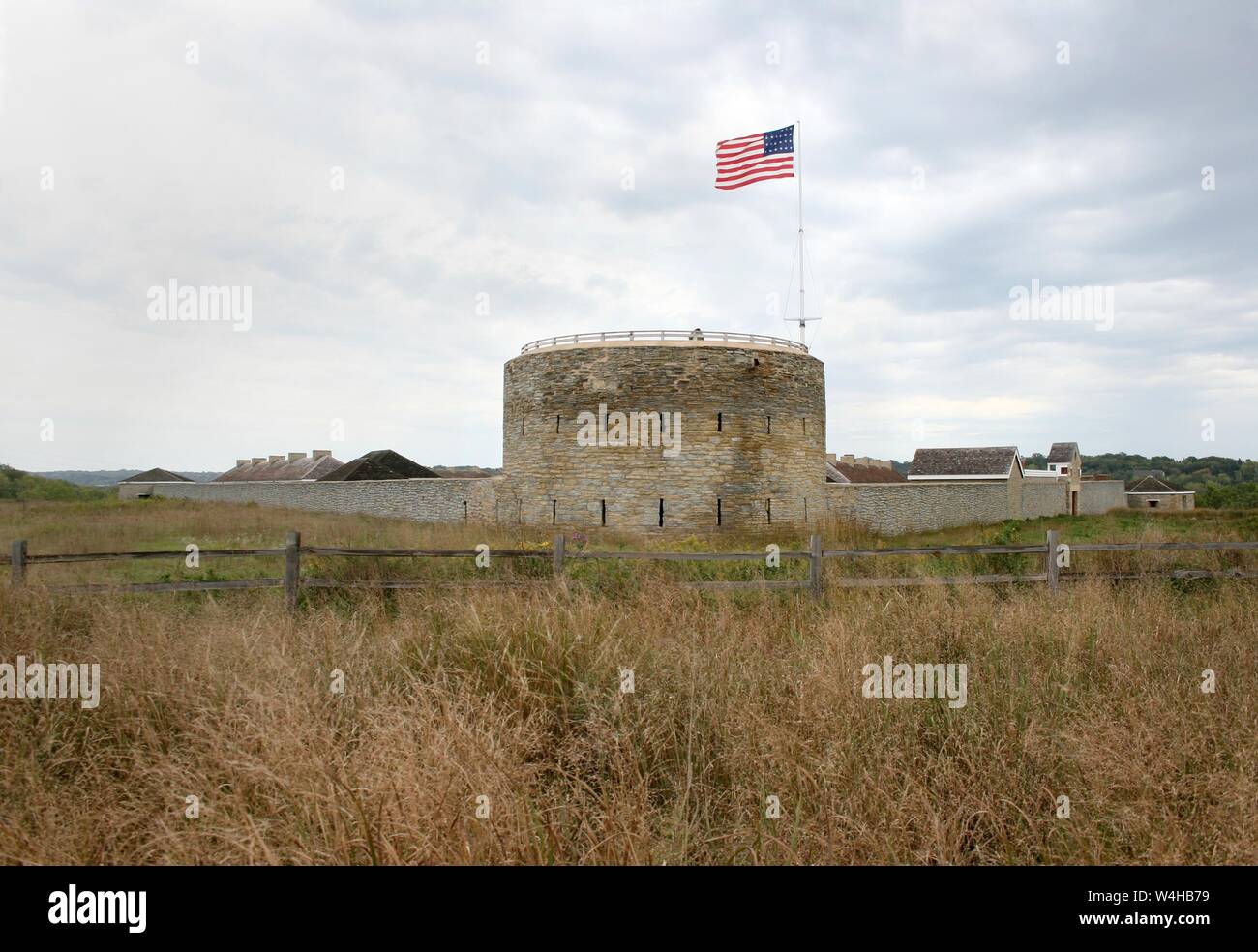 Historic Fort Snelling State Park, Minnesota with the 1822–1836 24-star flag flying from a flagpole Stock Photo