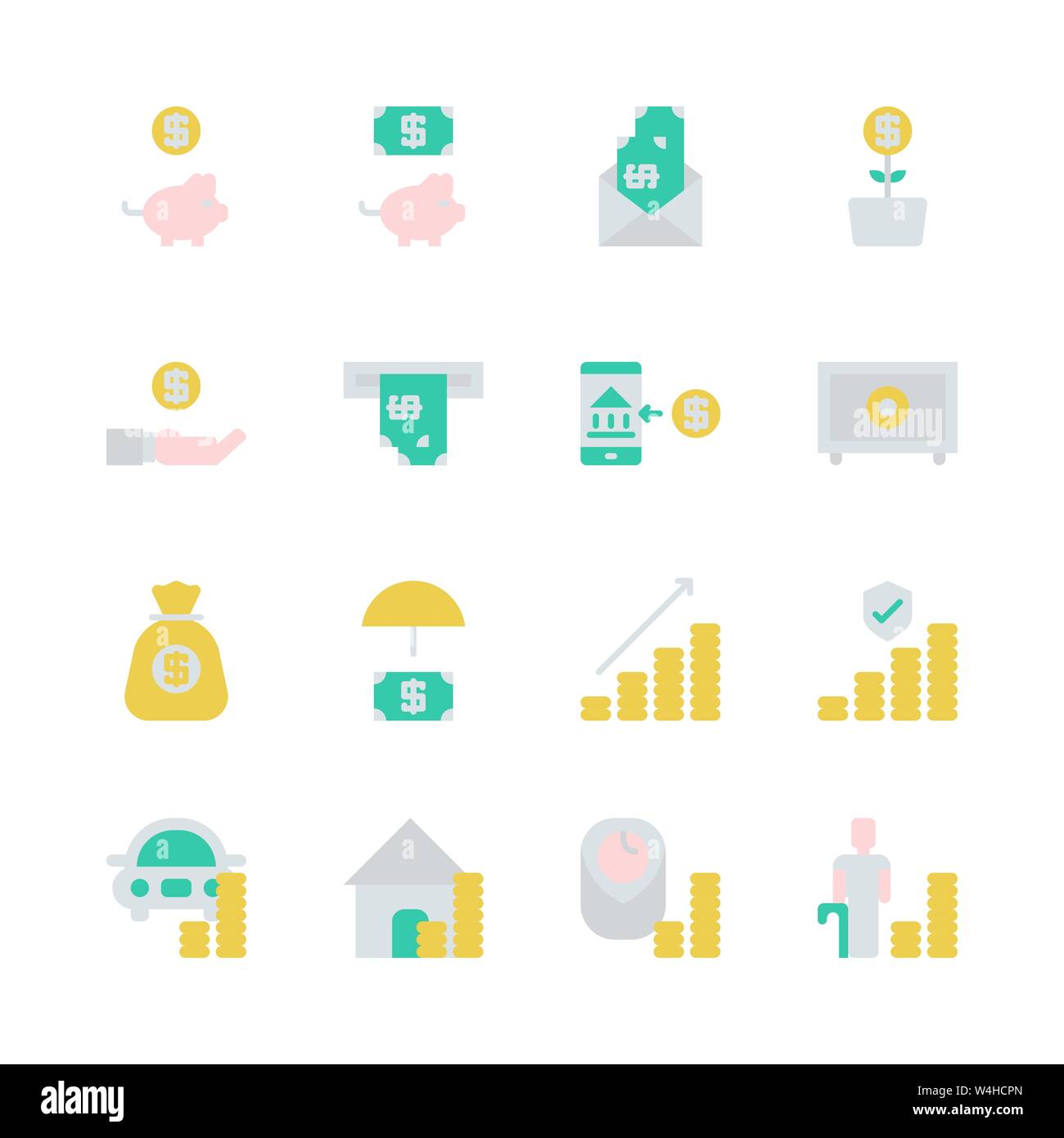 Saving money and investment in flat icon set.Vector illustration Stock ...