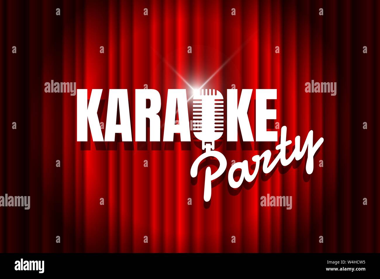 Karaoke party night live show open mike sign on empty theatre stage with spotlight. Vintage microphone against red curtain drape backdrop. Retro mic Stock Vector