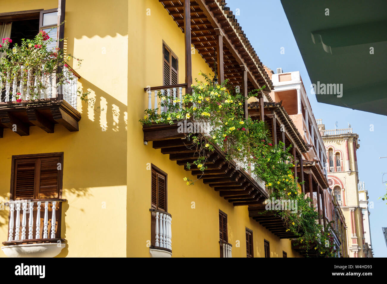 Colombia Cartagena Old Walled City Center centre historic colonial architecture houses exterior balcony wood spindle railing restored resident Stock Photo