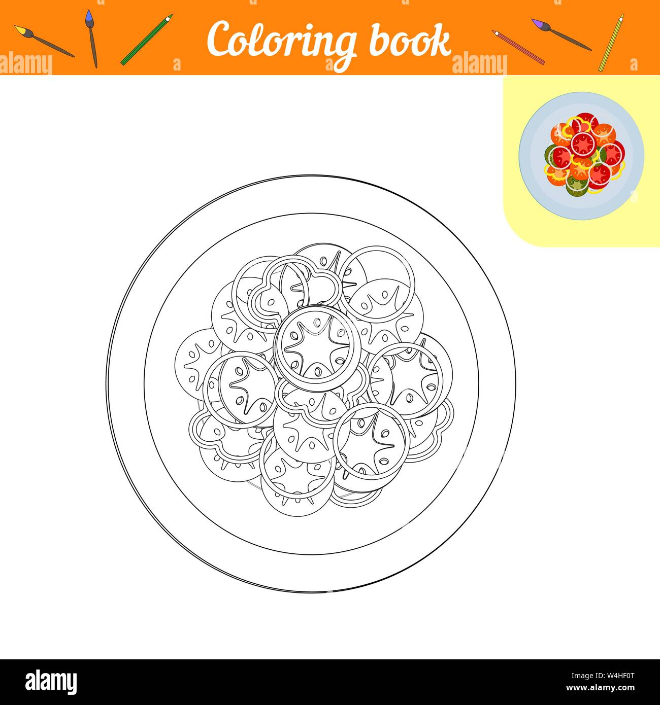 Coloring book. Vegetables on a plate. Painting Lunch or dinner. Page of black and white lines with a color example. Proper nutrition icon. Healthy foo Stock Vector
