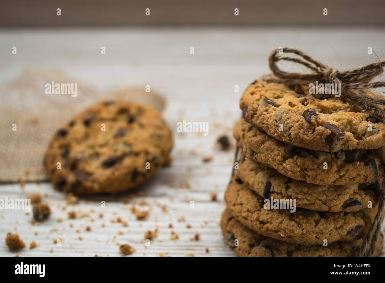 Close-up of a stack of chocolate chip cookies Stock Photo