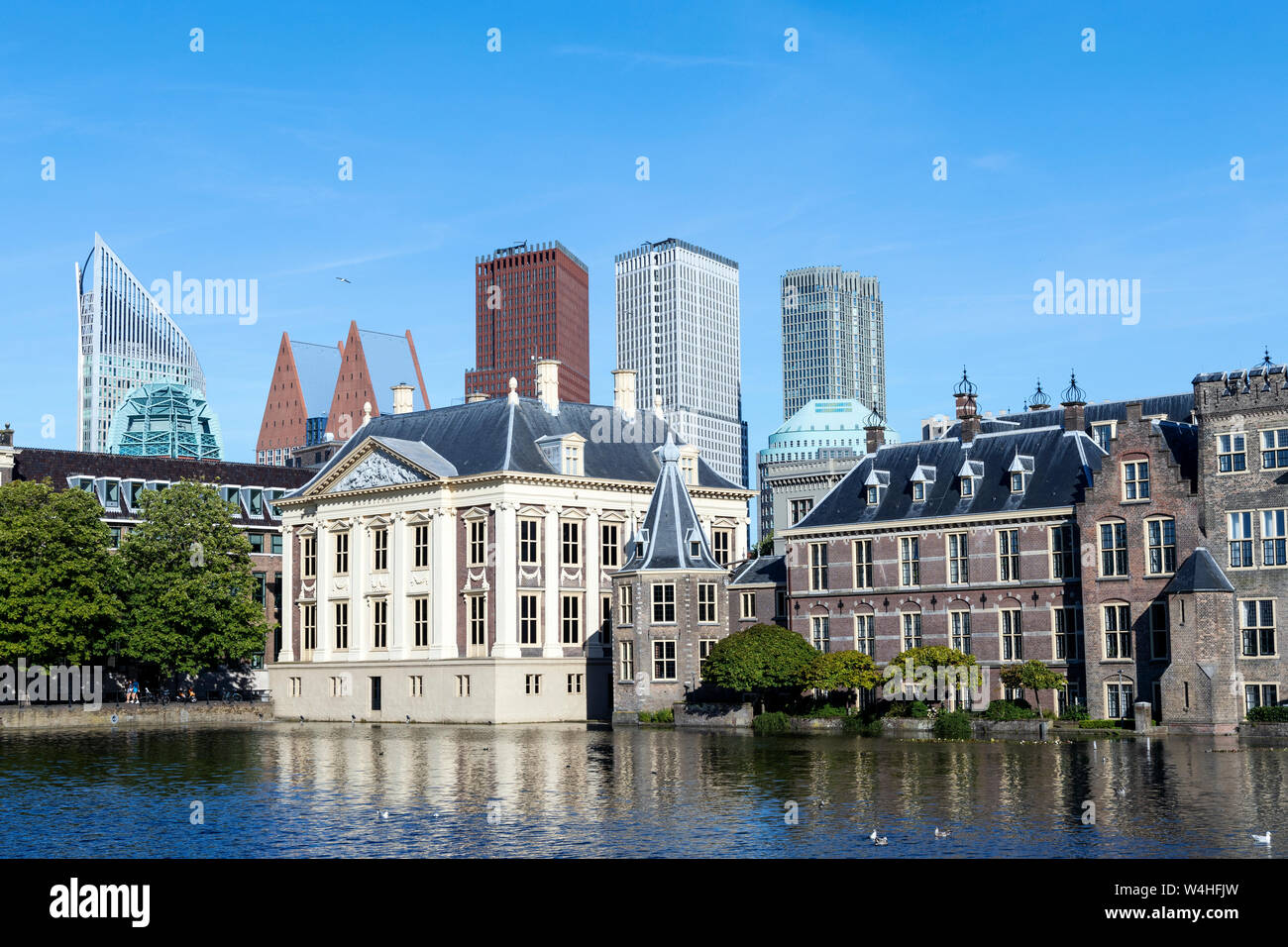 Hague Mauritshuis small tower of the binnenhof and skyscrapers.- Image Stock Photo
