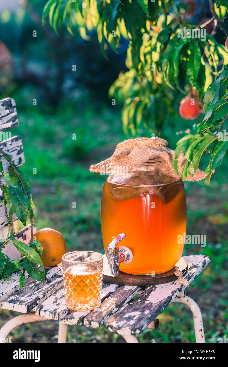 Kombucha Tea Drink With Beneficial Bacteria On Wooden Chair