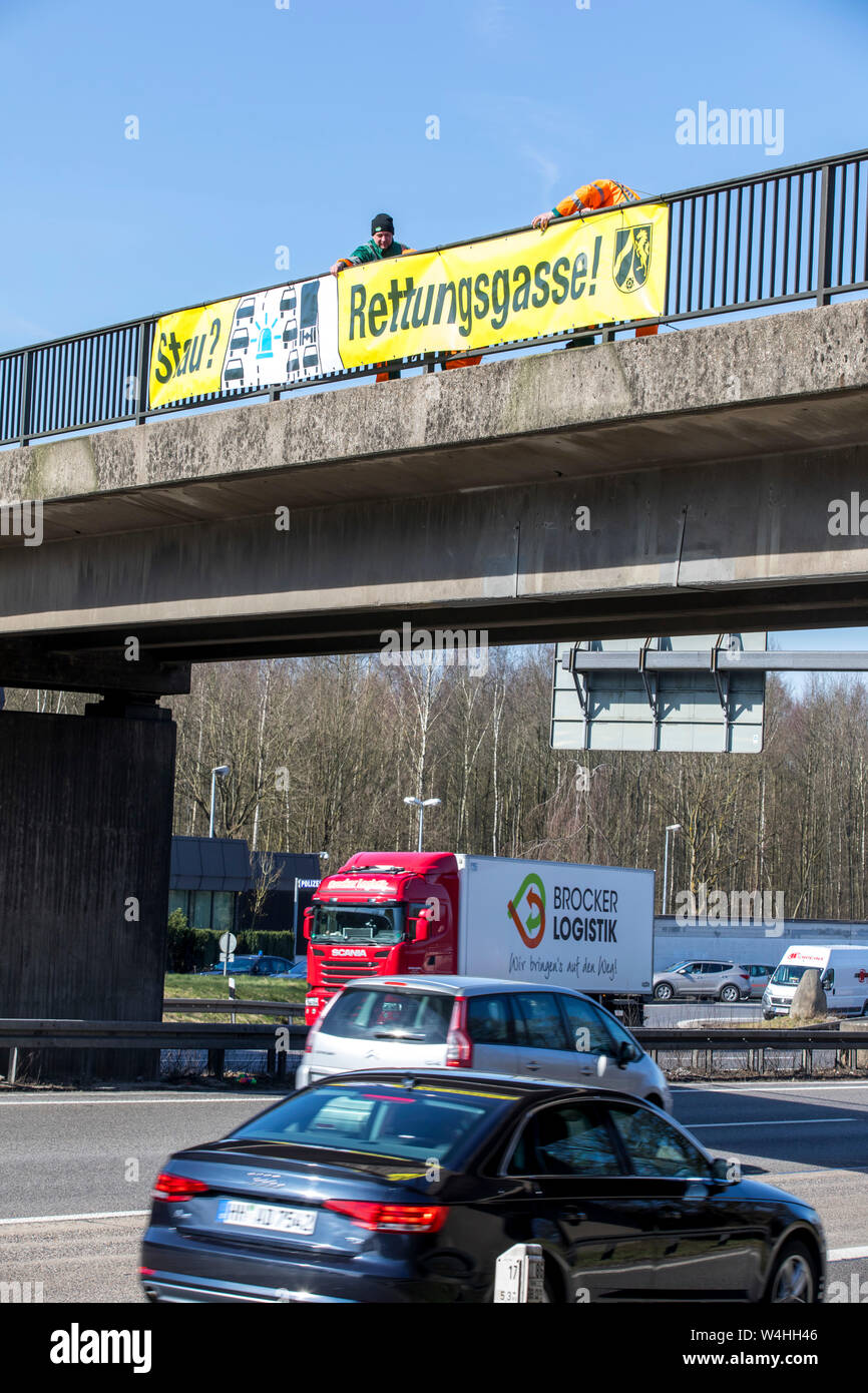 Poster campaign for the rescue lane in the event of traffic jams on motorways, in NRW, 250 banners hang on motorway bridges to sensitise road users to Stock Photo