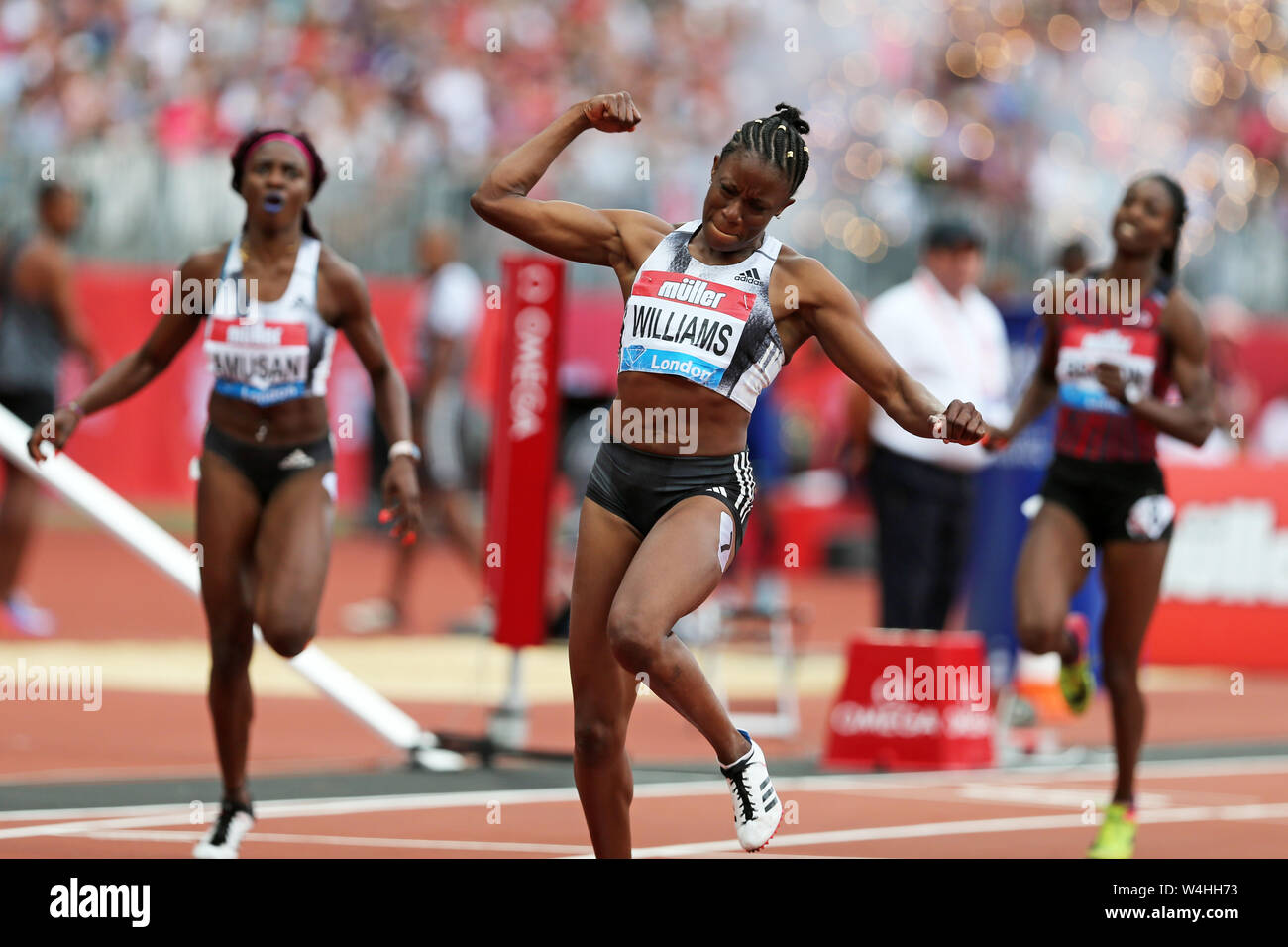 Danielle WILLIAMS (Jamaica) celebrating victory in the Women's 100m Hurdles Final at the 2019, IAAF Diamond League, Anniversary Games, Queen Elizabeth Olympic Park, Stratford, London, UK. Stock Photo