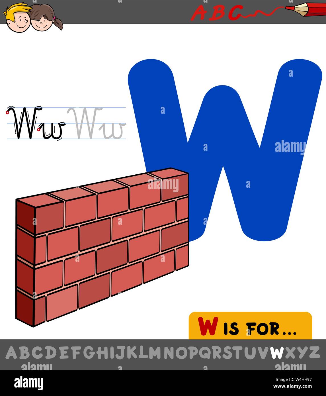 Educational Cartoon Illustration of Letter W from Alphabet with Wall ...