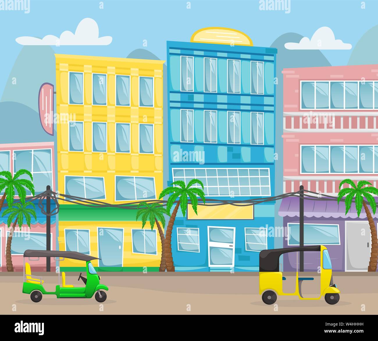 Asian street with colorful buildings, electric wires and tuk tuks on the roads. Vector cartoon illustration Stock Vector