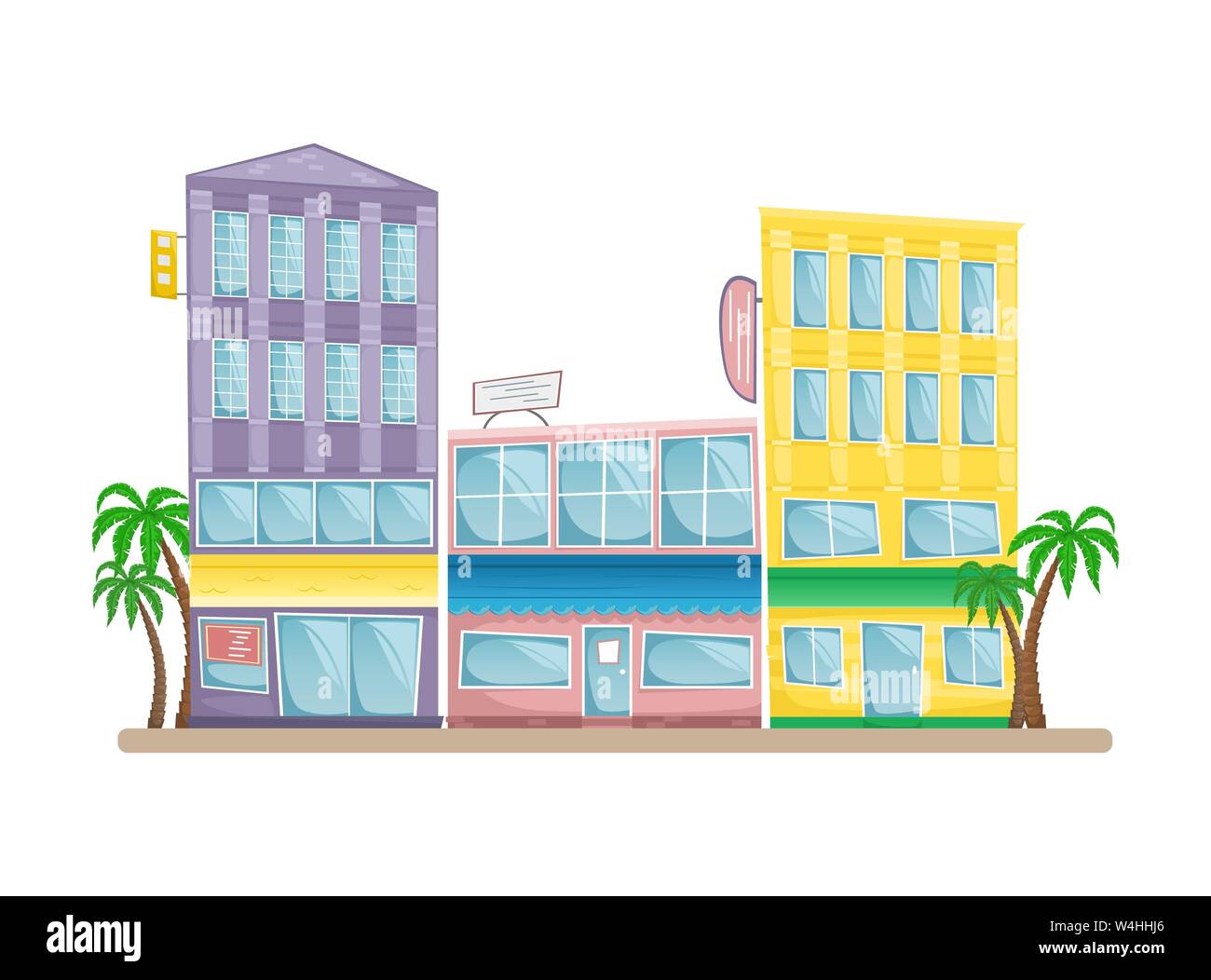 Asian street with colorful buildings, palms, and signs. Vector cartoon illustration Stock Vector