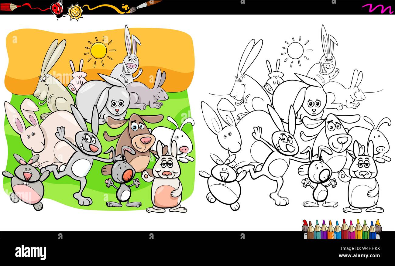 Cartoon Illustration of Rabbits Animal Characters Group Coloring Book Worksheet Stock Vector