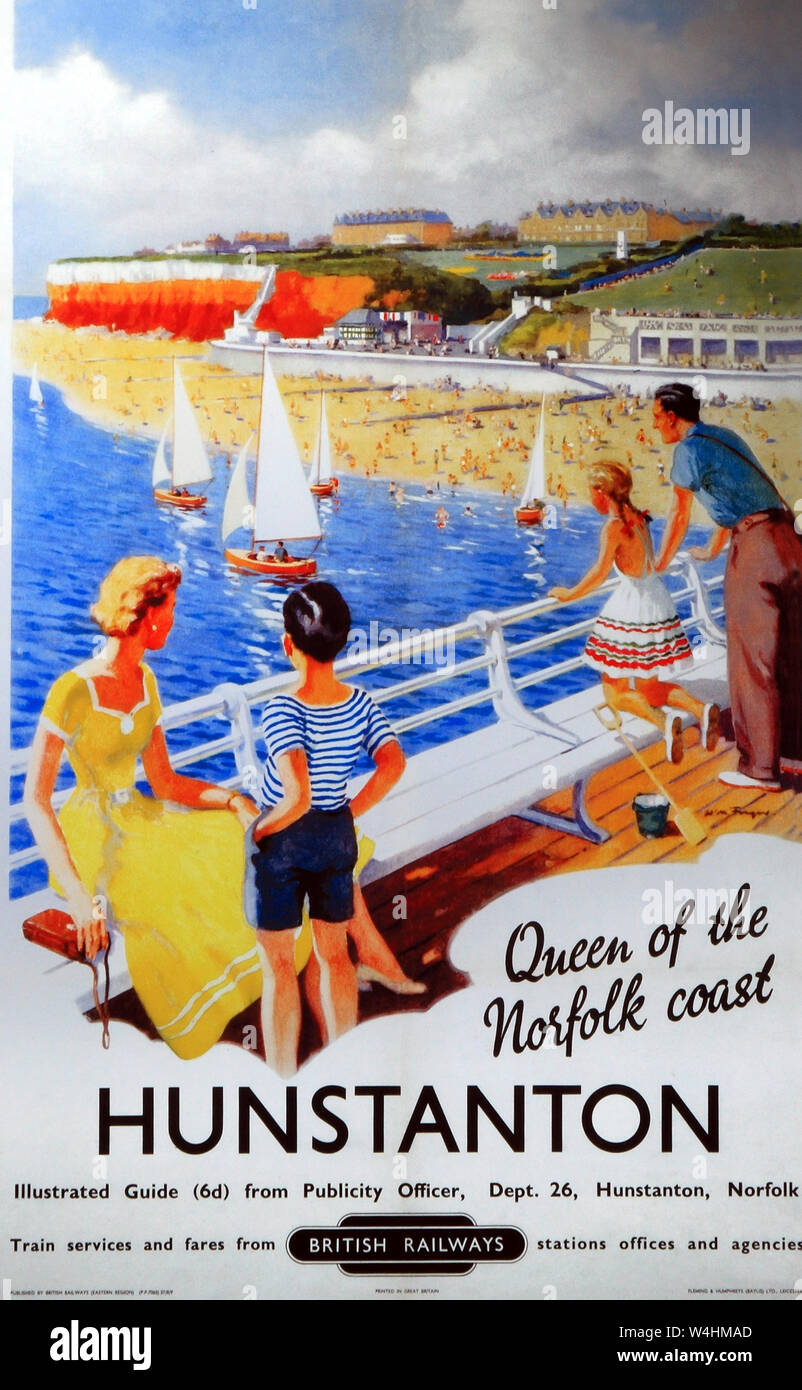 Archival, 1940s, British Railways Poster, Hunstanton, Norfolk, England, artwork, advertising, seaside resort, Pier, beach, striped cliffs, 'Queen of the Norfolk coast' Stock Photo