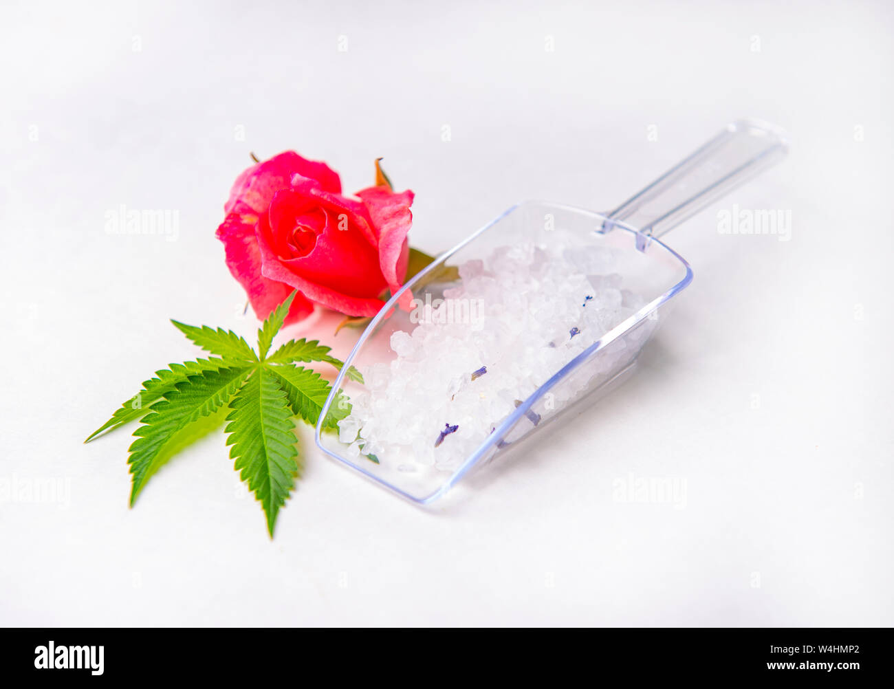 Cannabis infused bath salts with marijuana leaf and rose bud isolated over white background