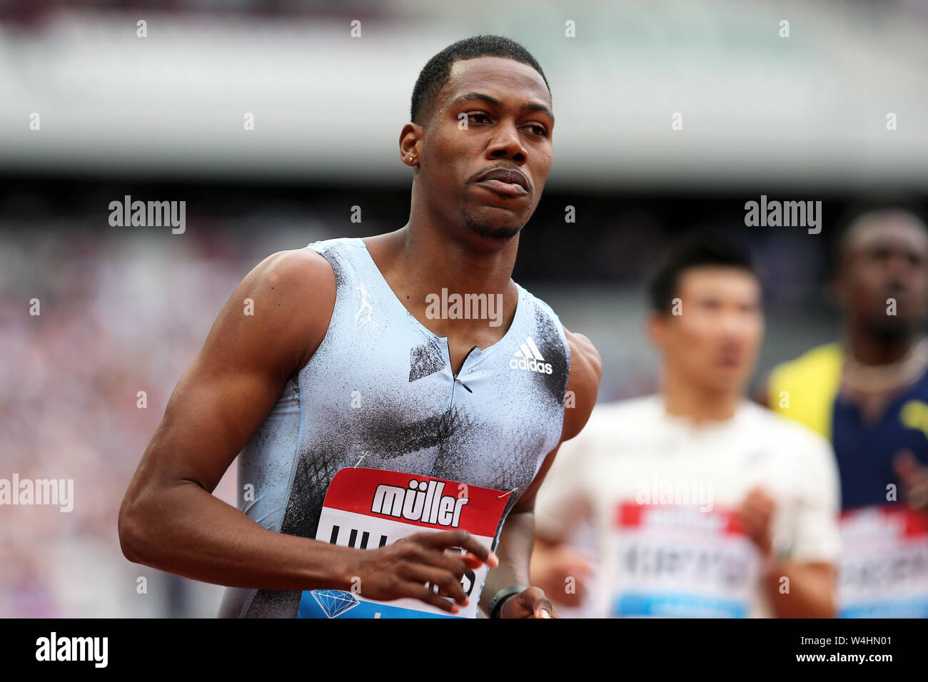 Zharnel HUGHES (Great Britain) crossing the finish line in the Men's 100m Heat 2 at the 2019, IAAF Diamond League, Anniversary Games, Queen Elizabeth Olympic Park, Stratford, London, UK. Stock Photo