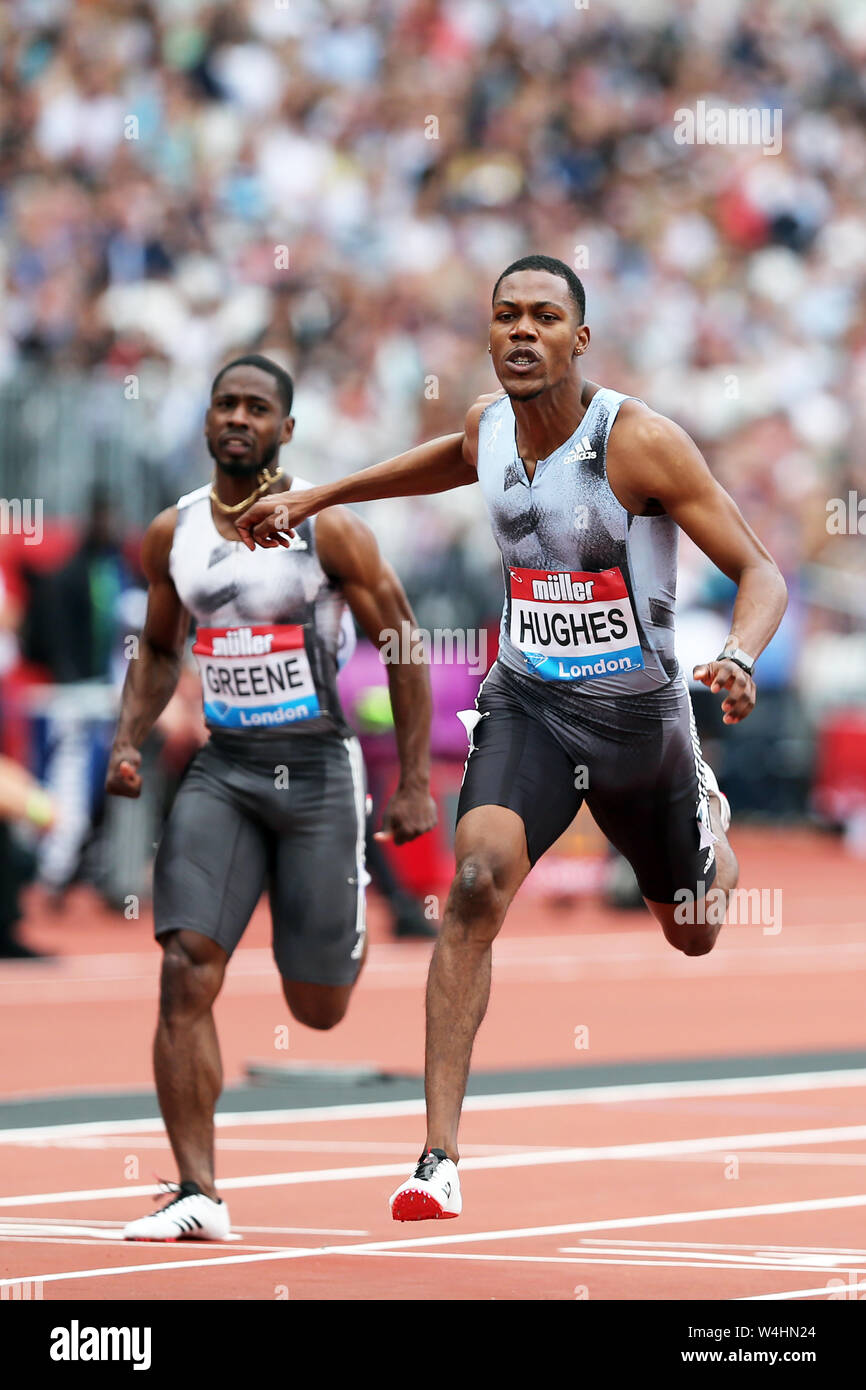Zharnel HUGHES (Great Britain), Cejhae GREENE (Antigua and Barbuda) crossing the finish line in the Men's 100m Final at the 2019, IAAF Diamond League, Anniversary Games, Queen Elizabeth Olympic Park, Stratford, London, UK. Stock Photo