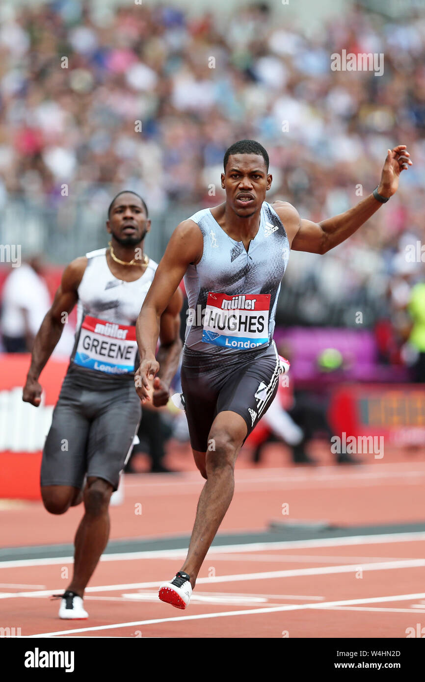 Zharnel HUGHES (Great Britain), Cejhae GREENE (Antigua and Barbuda) crossing the finish line in the Men's 100m Final at the 2019, IAAF Diamond League, Anniversary Games, Queen Elizabeth Olympic Park, Stratford, London, UK. Stock Photo