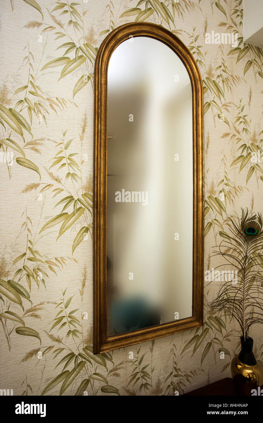 Long vintage mirror on wall with wallpaper and peacock feather antique  retro design Stock Photo - Alamy