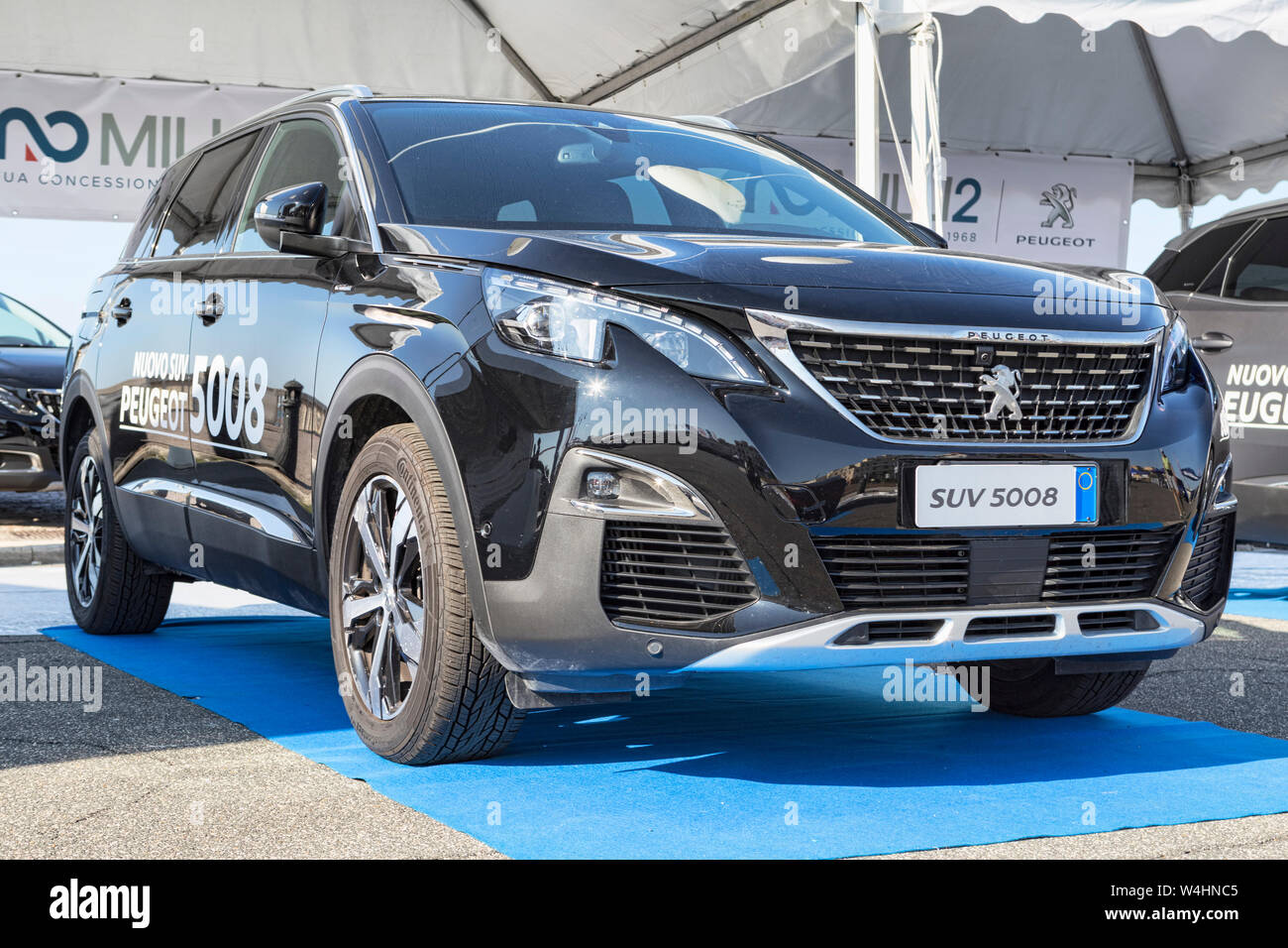 Rome,Italy - July 21, 2019:On occasion of  Rome capital city Rally event, the motor showrooms exhibit new cars models : A new SUV 5008 from Peugeot au Stock Photo