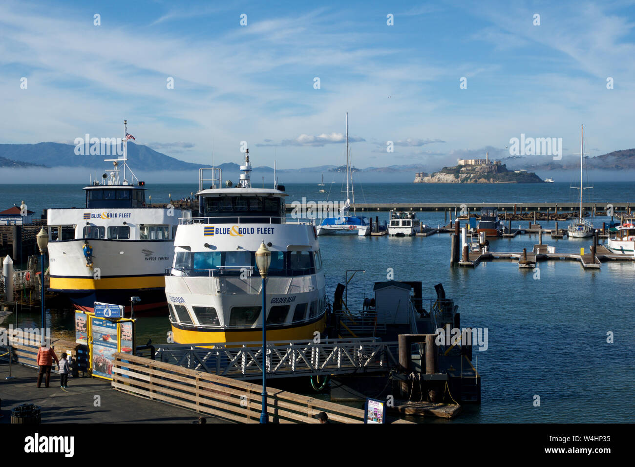 SAN FRANCISCO, CALIFORNIA, UNITED STATES - NOV 25th, 2018: Blue and Gold Fleet at the pier of Fisherman s Wharf. Premier provider of ferry and water Stock Photo