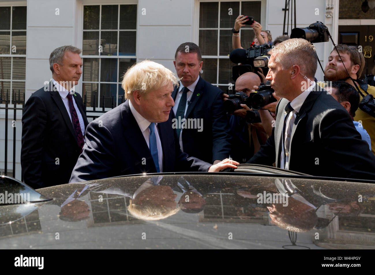 On the day that the Conservative Party elects its leader and the country's Prime Minister, Boris Johnson gets into his car to drive to the QE2 Centre nearby for the election result, on 23rd July 2019, in Westminster, London, England. Stock Photo
