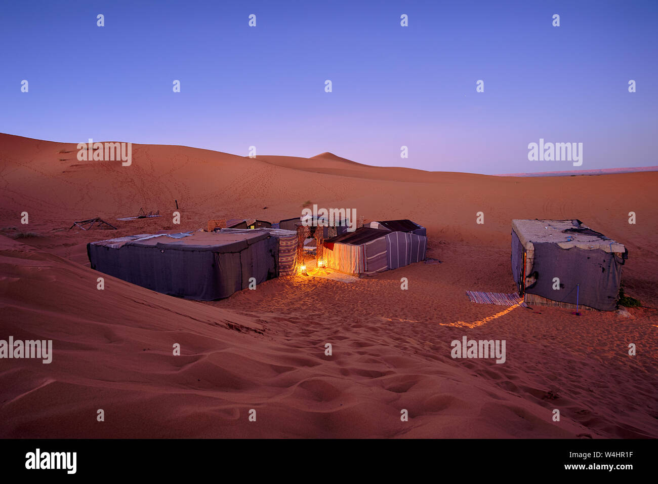 Beautiful evening in a camp inside the Sahara desert in Morocco Africa Stock Photo
