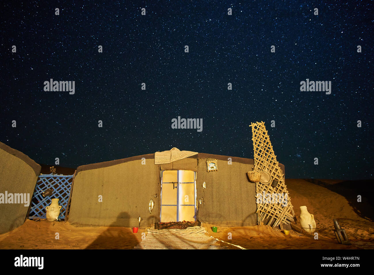 Tent in the desert camp with starry sky in Sahara Morocco Africa Stock Photo