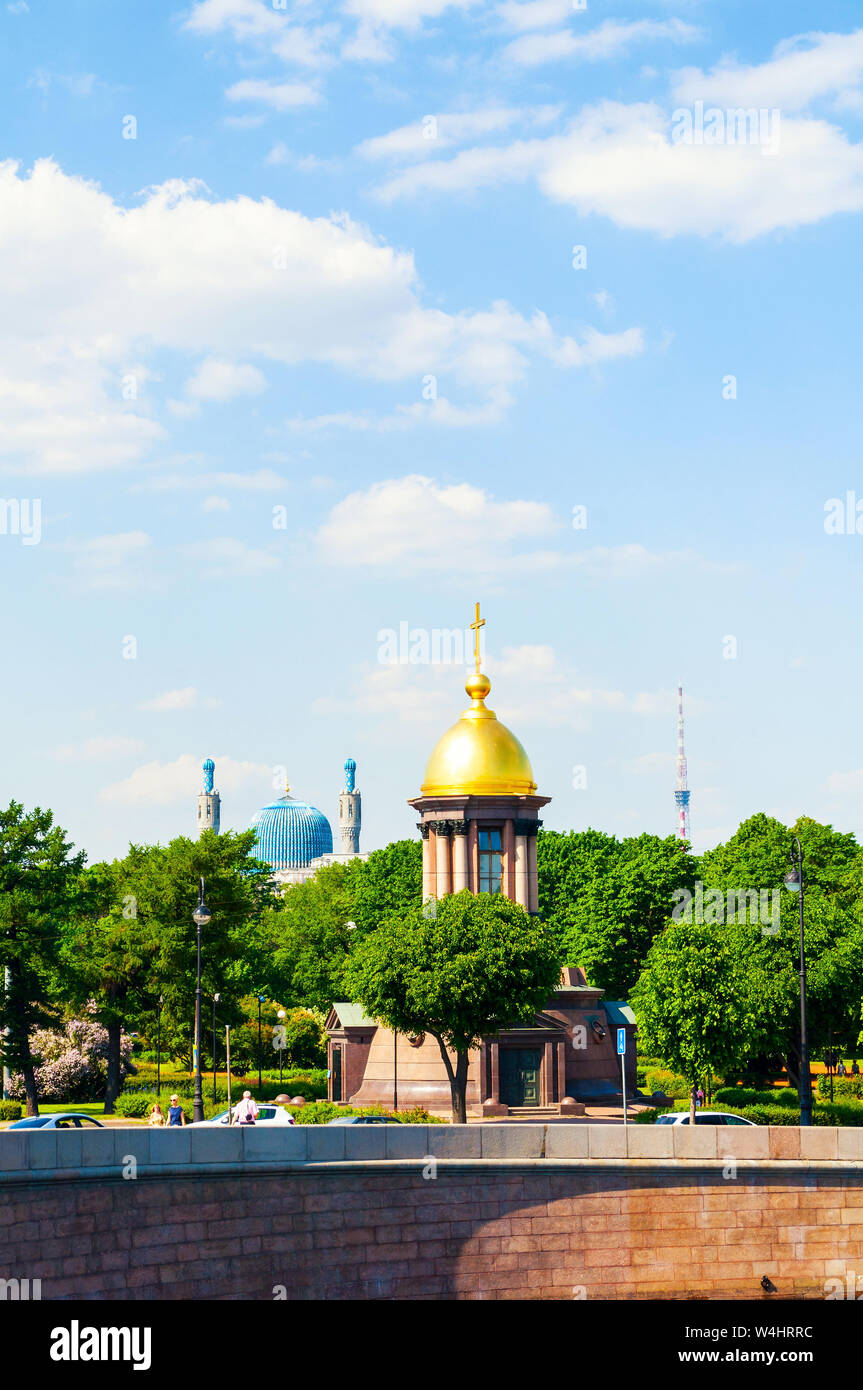 Saint Petersburg, Russia - June 6, 2019. The Trinity Chapel in the Name of the Life Giving Trinity and Cathedral mosque of St Petersburg. City landsca Stock Photo