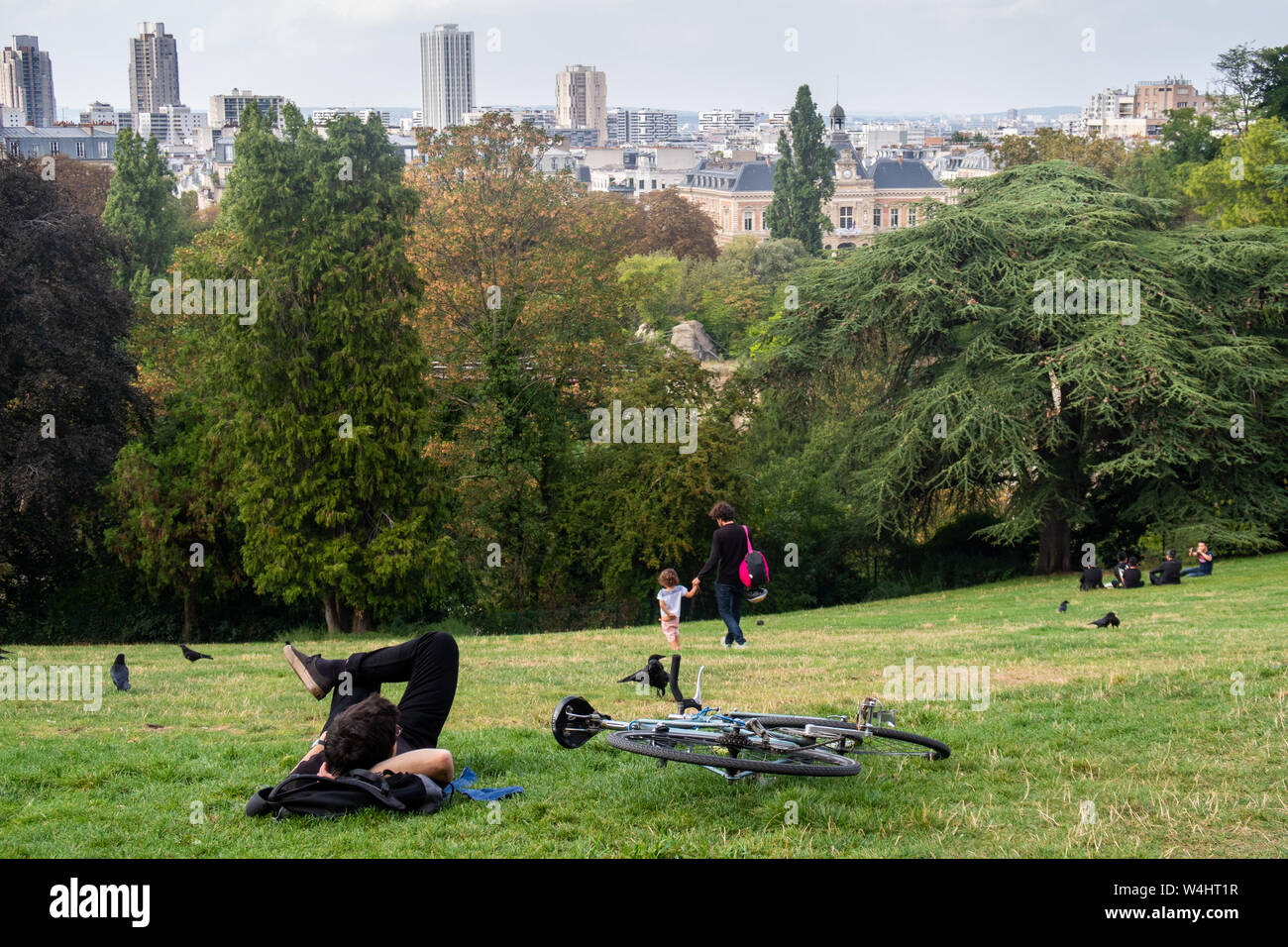 Paris, France - September 5, 2018: the Butte Chamount park  with a few people, and its beautiful scenery Stock Photo