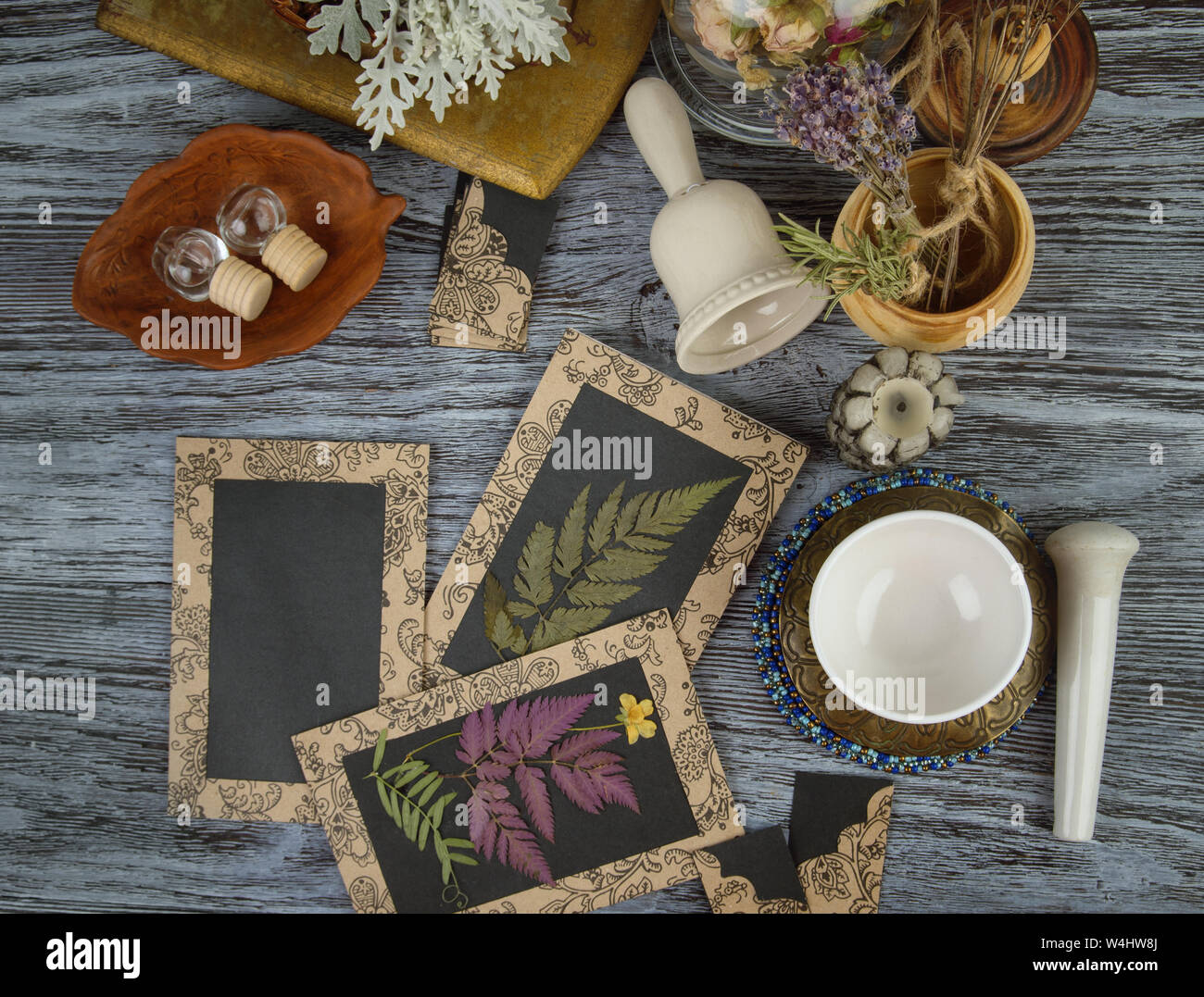 Herbal ingredients on magical crafting table Stock Photo Alamy