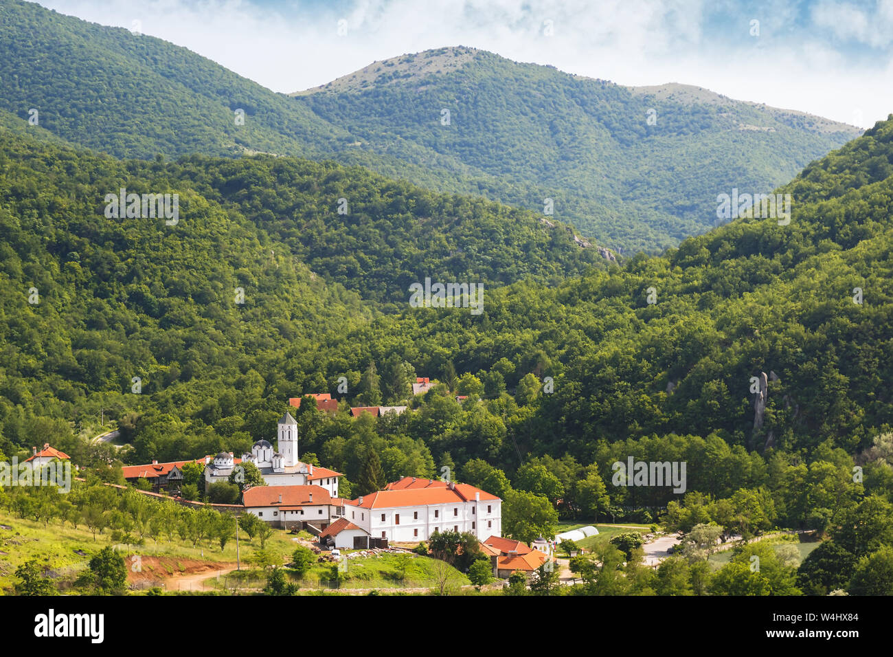 Monastery of Venerable Prohor of Pcinja , one of the oldest Serbian monasteries, 11th century, aerial view Stock Photo